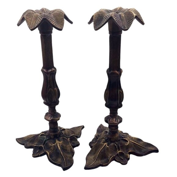 Vintage Antiqued Bronze Metal Floral Detachable Candlestick Holders Set Of 2 - Picture 1 of 6